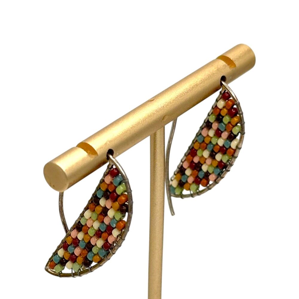 Artisan Beaded Offset Hoop Earrings Multicolor Boho Artsy Handmade